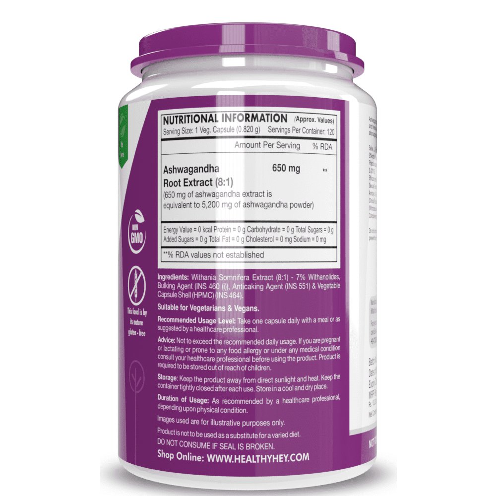Ashwagandha Extract Capsules | 100% Natural Rejuvenating Formula - Promotes Mind & Body Wellness - 120 Capsules - HealthyHey Nutrition