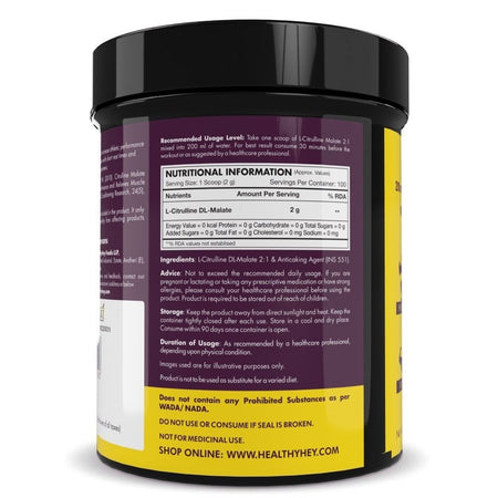 Citrulline Malate, Muscle Growth 2:1- Powerful Pre-Workout - 200 g, 100 Servings (Unflavoured) - HealthyHey Nutrition