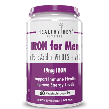Iron Supplement for Men, Support Immune Health -100% Chelated -With Vitamin B12, Folic Acid & Vitamin C for High Absorption 60 Veg Capsules - HealthyHey Nutrition