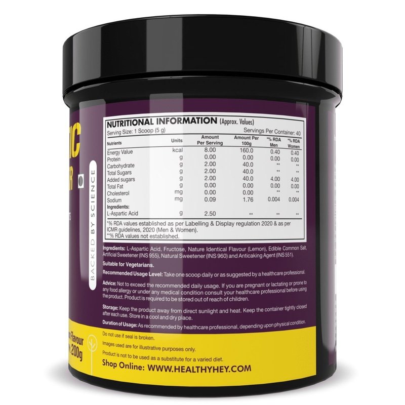 L- Aspartic Acid Powder, Supports Immune Health - Lemon Flavour - 200g - HealthyHey Nutrition