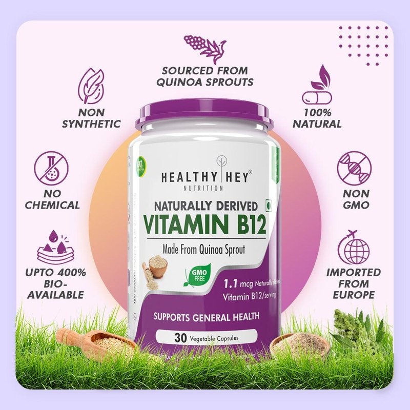 Natural Vitamin B12, Supports bone Health | Non-Synthetic, No-Chemical | 30 Veg Capsules - HealthyHey Nutrition