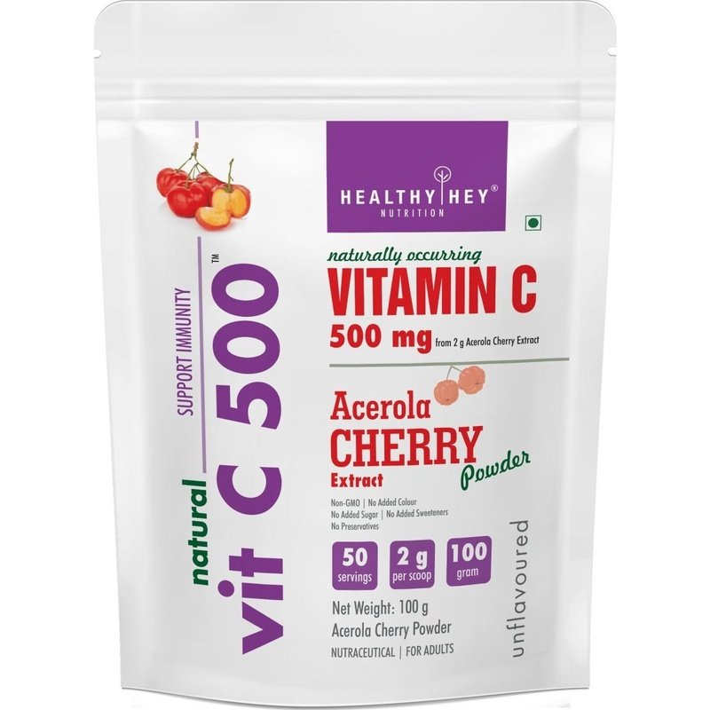 Natural Vitamin C 500 - Natural Vitamin C sourced from Acerola Cherry Extract Powder - Support Immunity - 100gm Powder (Unflavoured) - HealthyHey Nutrition
