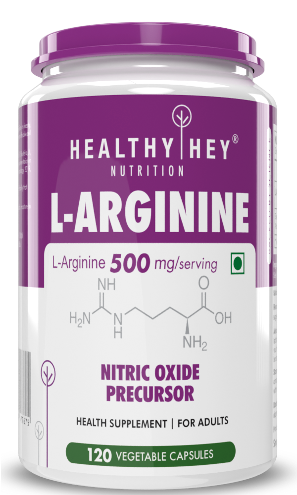 L-Arginine, Nitric oxide Precursor 500mg, 120 Veg Capsules - HealthyHey Nutrition