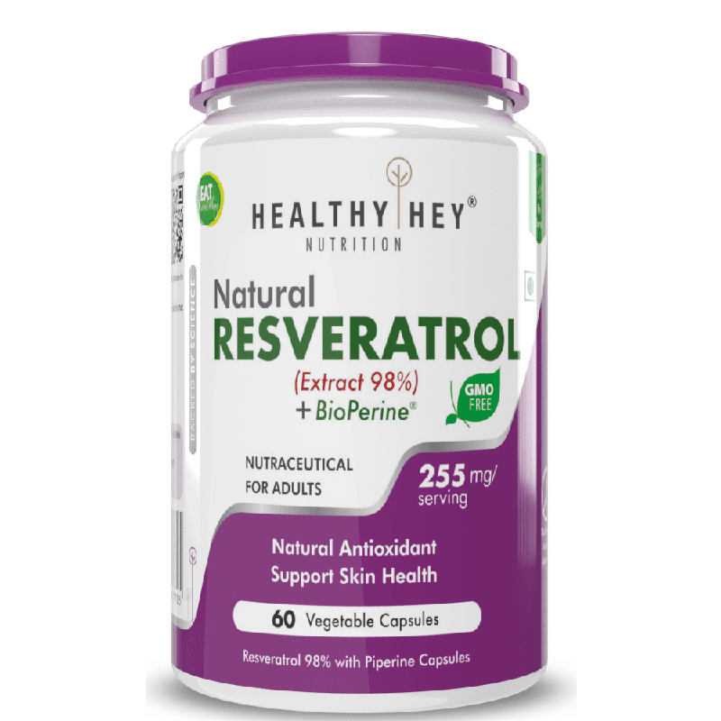 Resveratrol Extract,  Natural Antioxidant support skin Health 98% Plus BioPerine for Absorption - 60 Veg Capsules (Pack of 1) - HealthyHey Nutrition