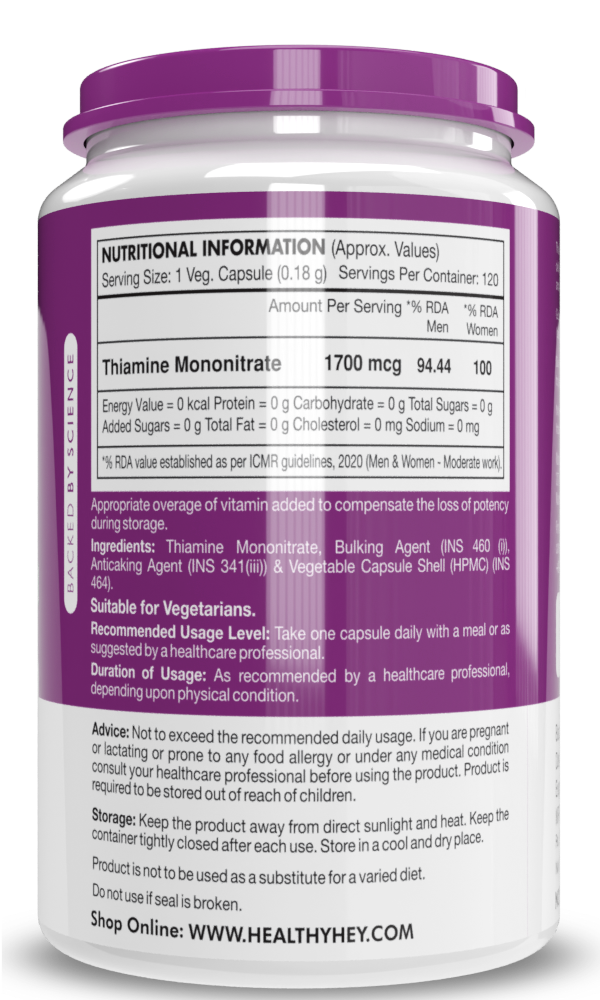 Vitamin B1,Thiamine mononitrate -120 Veg Capsules - HealthyHey Nutrition