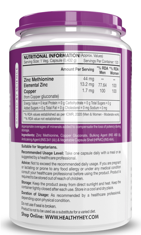 Zinc Methionine Plus Copper, Supports Immune and Antioxidant Protection - 120 Veg Capsules - HealthyHey Nutrition