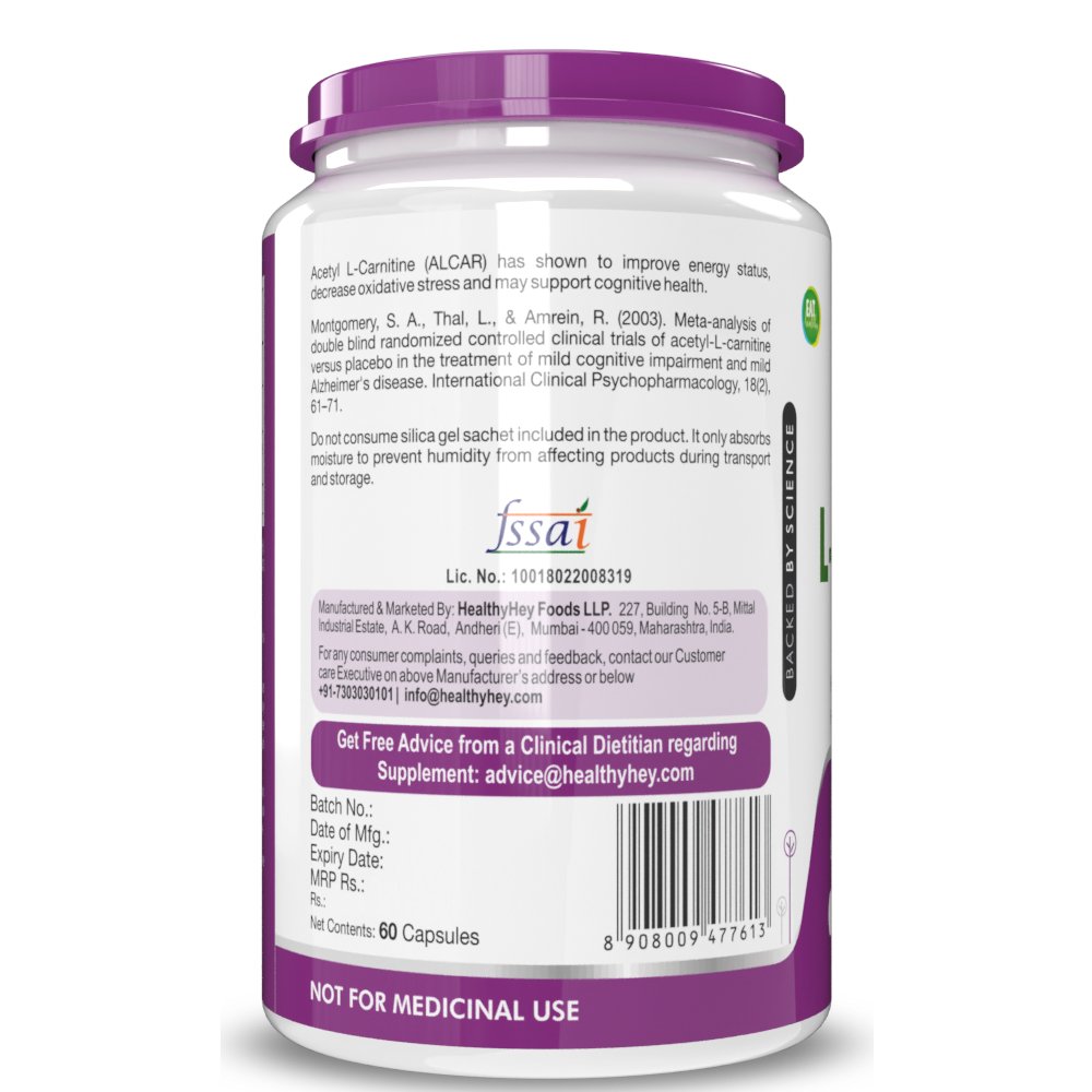 Acetyl L-Carnitine (ALCAR)- Support Brain & Cognitive Health - 60 Veg Capsules - HealthyHey Nutrition