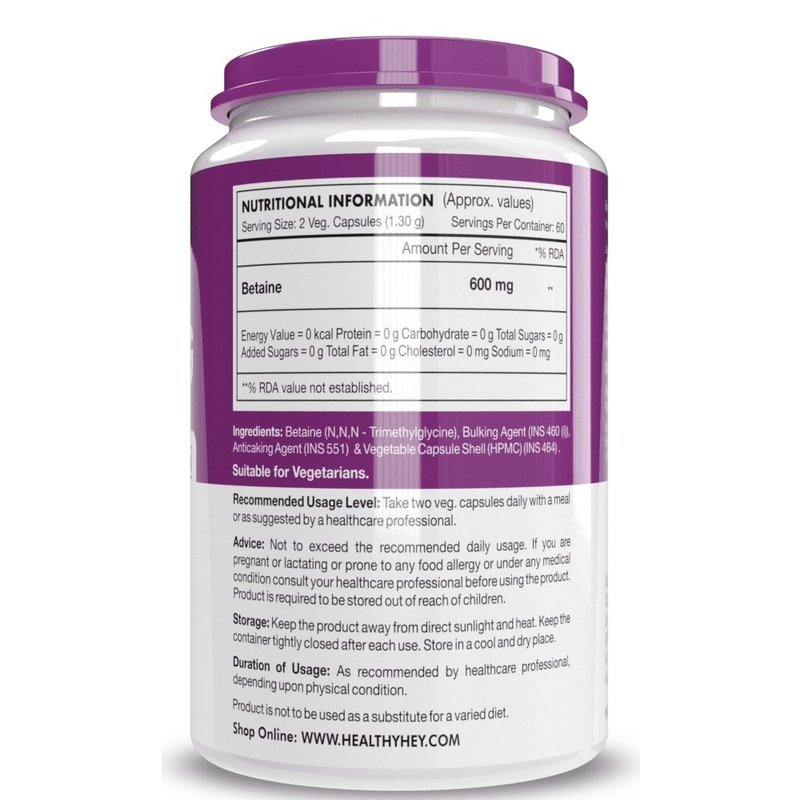 Betaine Trimethylglycine, Support Healthy homocysteine levels (TMG) 600mg - 120 Veg Capsules - HealthyHey Nutrition