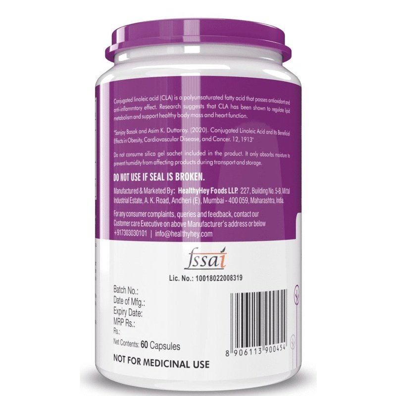 CLA 500, Support Healthy body mass & Heart Health -Conjugated Linoleic Acid-Helps Fat Oxidation-60 Veg. Capsules - HealthyHey Nutrition