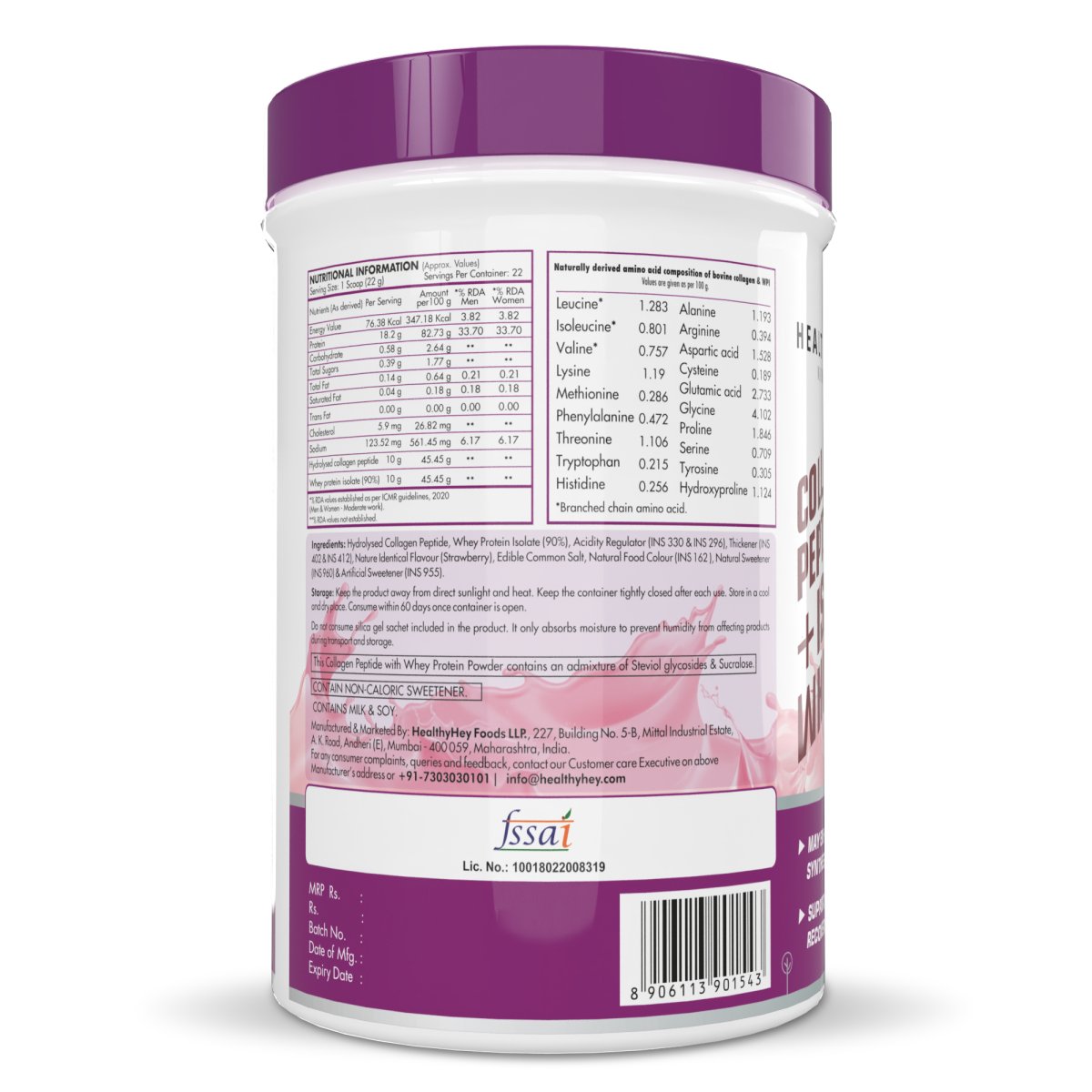 Collagen Peptides with ISO Whey Protein - 7g EAA, 2.5g BCAA - Strawberry, 500g - HealthyHey Nutrition