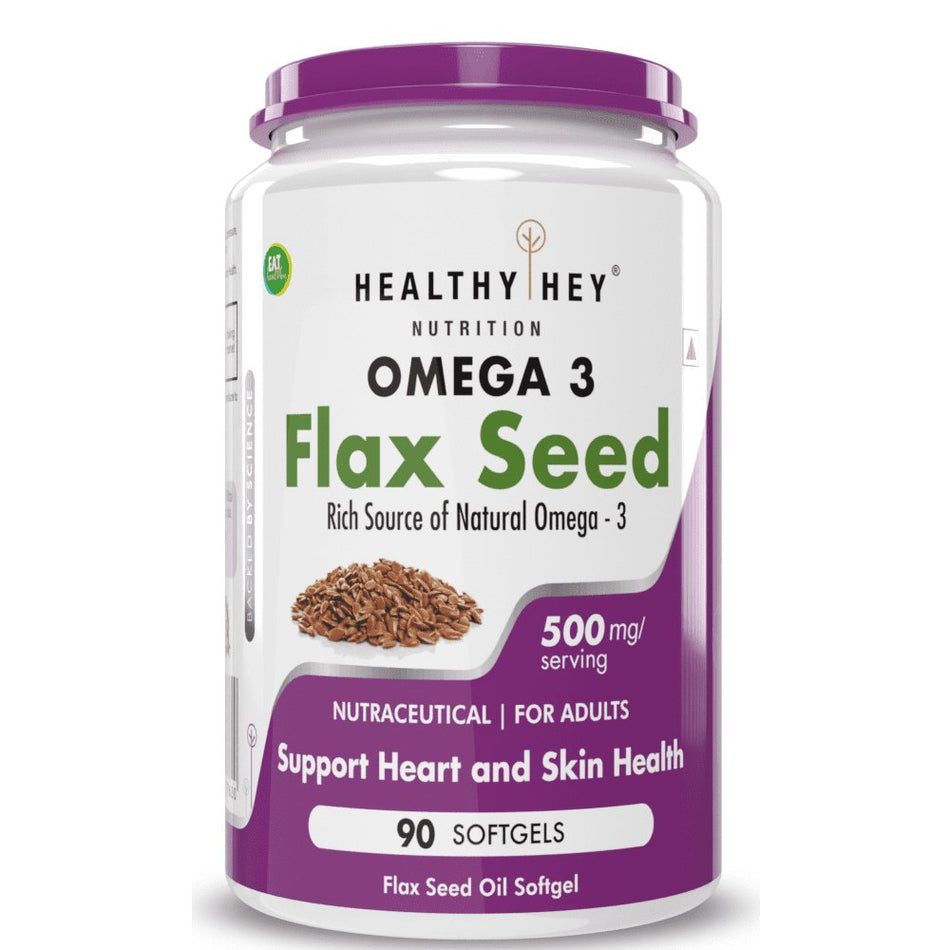 Flaxseed, Support Heart & Skin Health Rich source of Natural Omega 3 & Vitamin E - 500mg - 90 Softgels - HealthyHey Nutrition