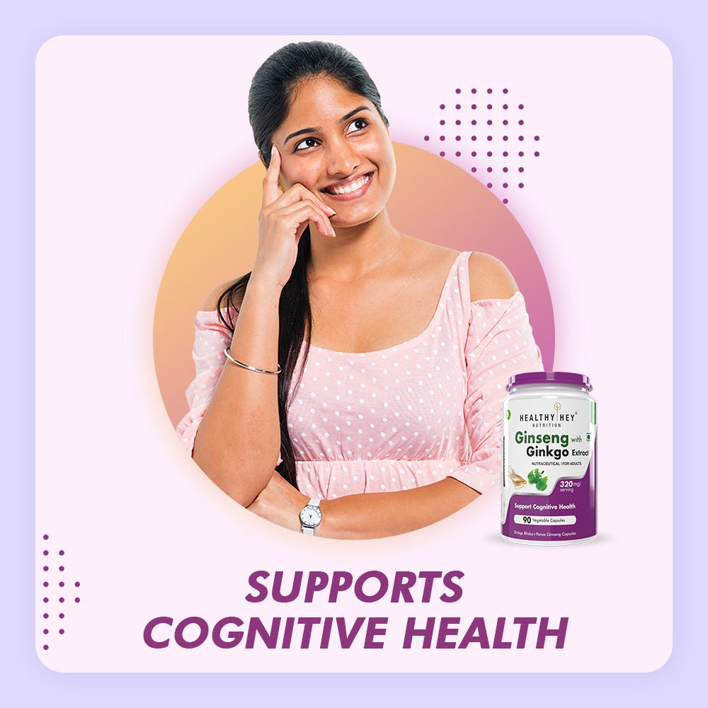 Ginseng + Ginkgo Biloba, Support cognitive Health -90 Veg Capsules - HealthyHey Nutrition