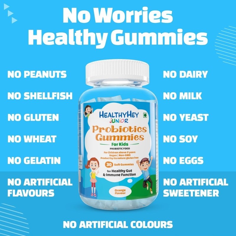 HealthyHey Junior Probiotics Gummies - for Kids (2 to 9 yrs.) - For Healthy Gut & Immune Function 30 Soft Gummies - HealthyHey Nutrition