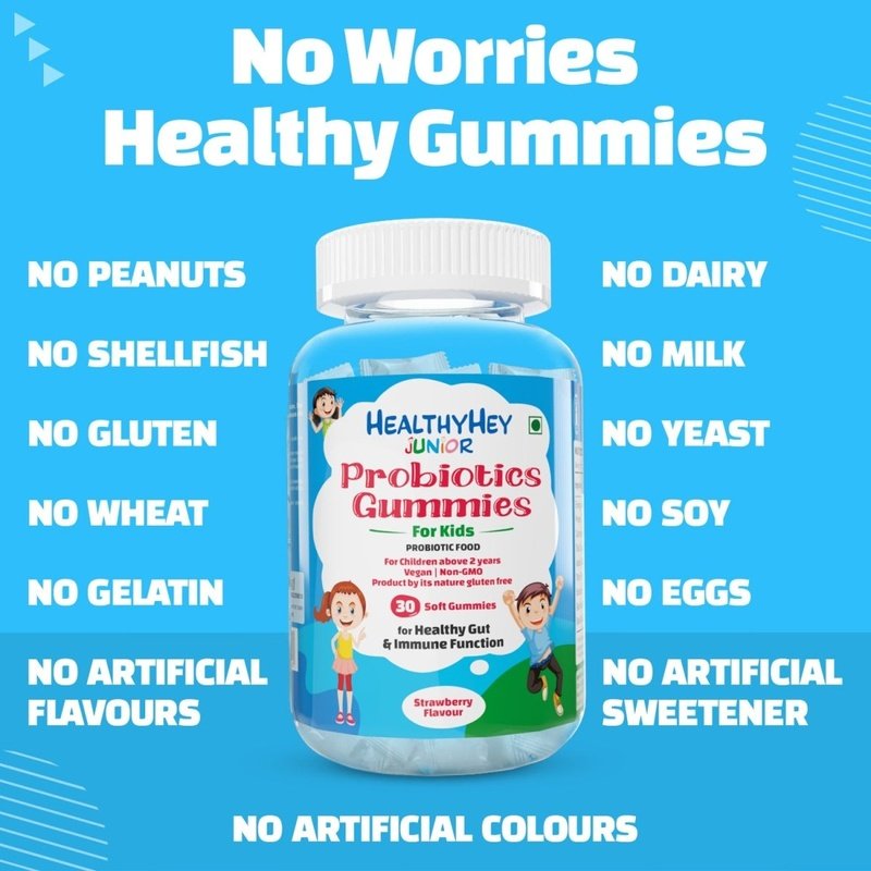HealthyHey Junior Probiotics Gummies - for Kids (2 to 9 yrs.) - For Healthy Gut & Immune Function 30 Soft Gummies - HealthyHey Nutrition