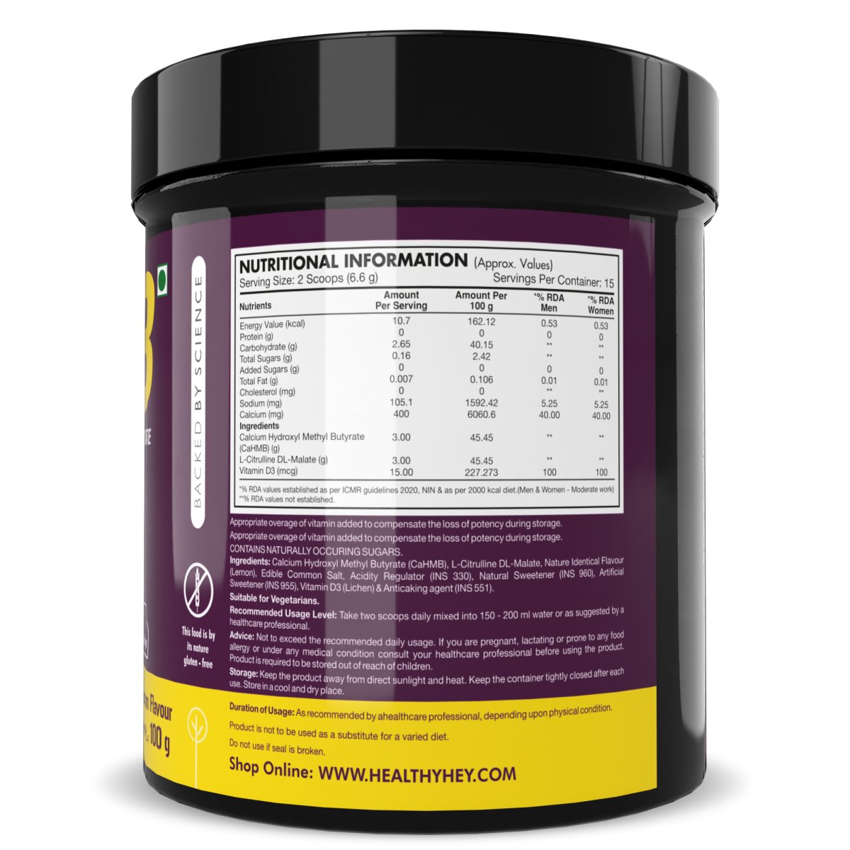 HMB Calcium,Supports Strength,endurance & muscle recovery Hydroxyl Methyl Butyrate Powder Lemon Flavour 100g - HealthyHey Nutrition