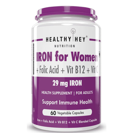 Iron Supplement for Women, Support Immune Health -100% Chelated - With Vitamin B12, Folic Acid & Vitamin C for High Absorption 60 Veg Capsules - HealthyHey Nutrition