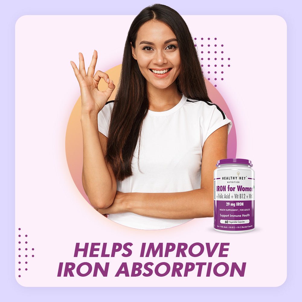 Iron Supplement for Women, Support Immune Health -100% Chelated - With Vitamin B12, Folic Acid & Vitamin C for High Absorption 60 Veg Capsules - HealthyHey Nutrition