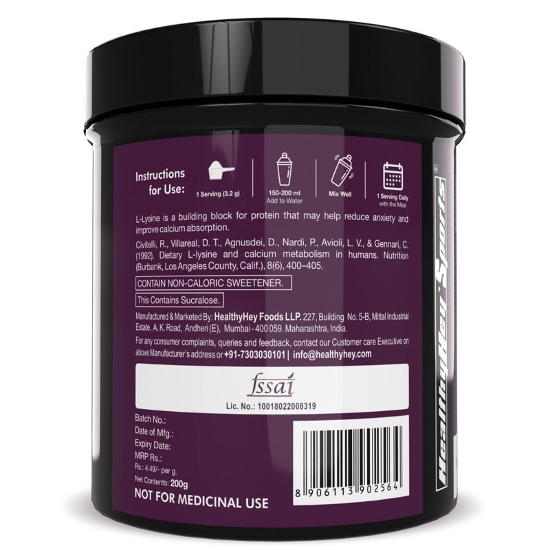 L-Lysine Powder,Supports Calcium Absorption - Cranberry Flavoured - 200g - HealthyHey Nutrition
