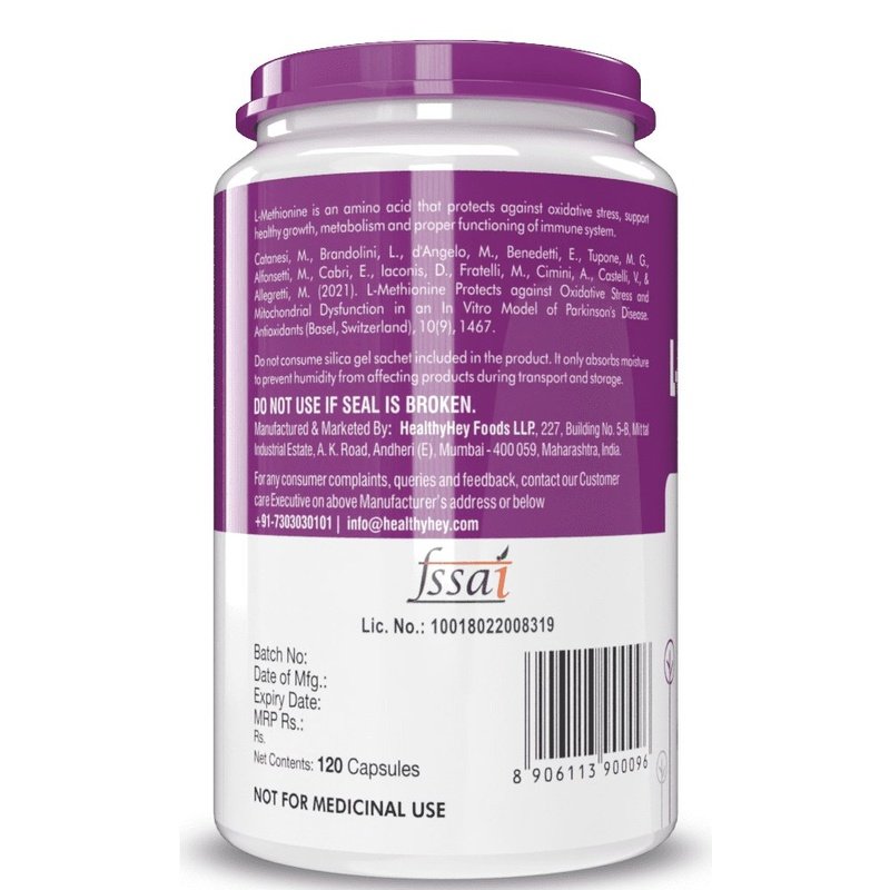 L-Methionine, Antioxidant support & Immune Health Free Form Pure Crystalline, 120 Veg Capsules - HealthyHey Nutrition