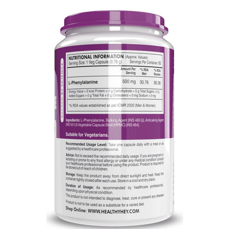 L-Phenylalanine,Support Cognitive Health 60 Veg Capsules - Vegan - Gluten Free - Non GMO - HealthyHey Nutrition