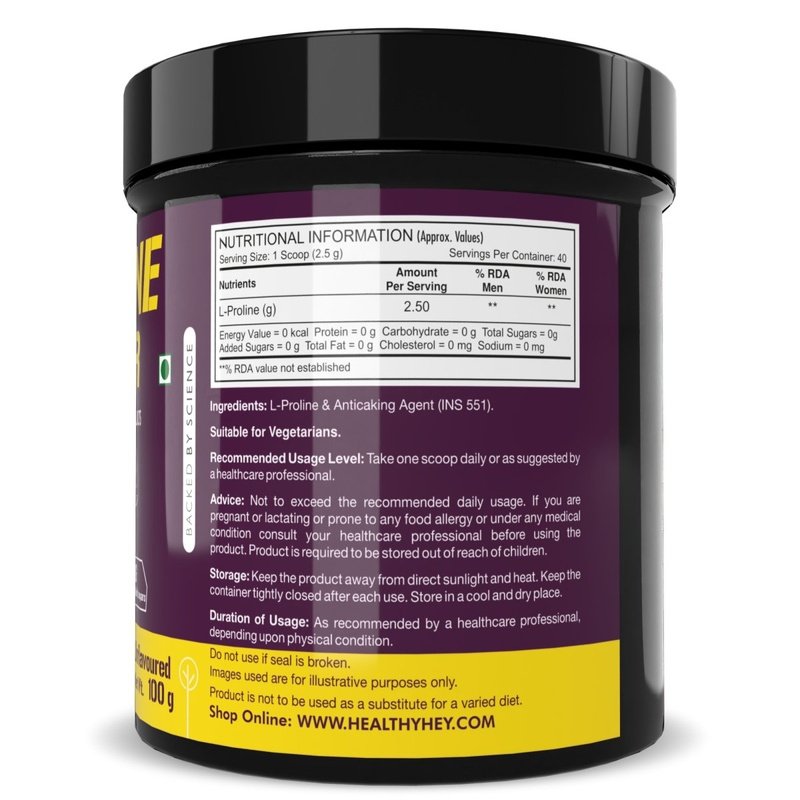 L-Proline Powder, Supports Muscle Growth & Collagen Formation, 100g Unflavoured - 40 Servings - HealthyHey Nutrition