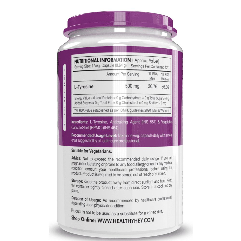 L-Tyrosine, Supports cognitive health stress & fatigue 120 veg Capsules - HealthyHey Nutrition