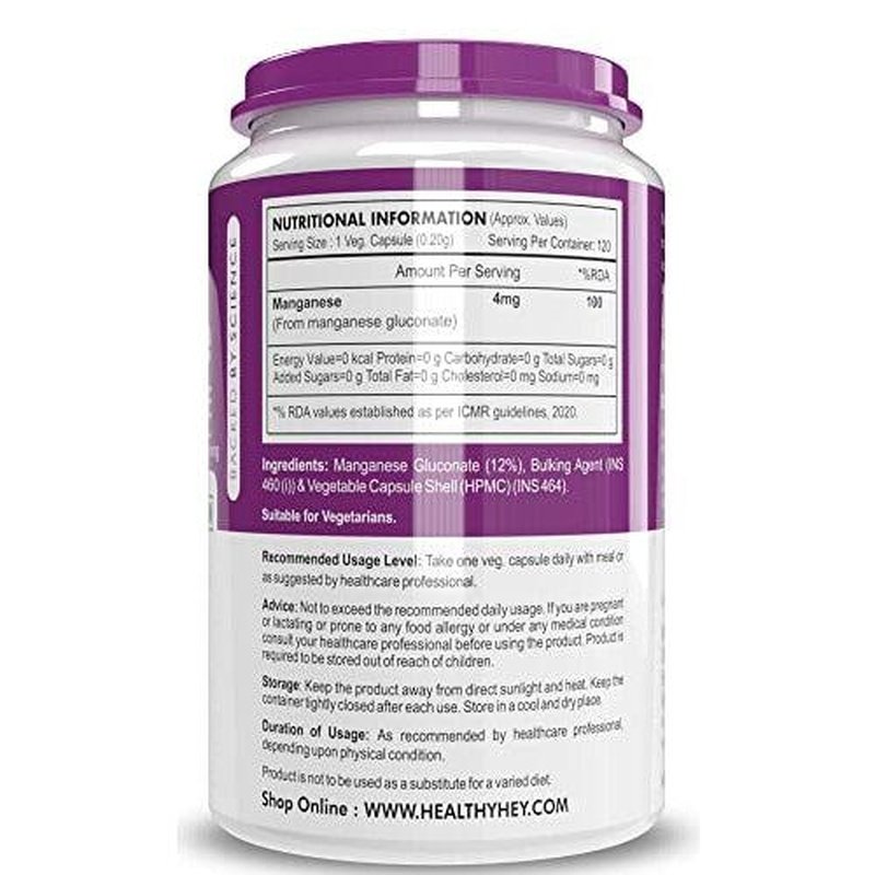 Manganese Gluconate - Hypoallergenic Trace Mineral Supplement for Connective Tissue and Bones - 120 Capsules - HealthyHey Nutrition