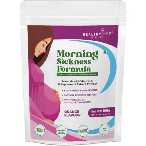 Morning Sickness Formula : Ginger, Pepper Mint Extract for Pregnancy, Nausea, Digestion, Vitamin C & Magnesium, Orange flavour, 15 Sachets - HealthyHey Nutrition