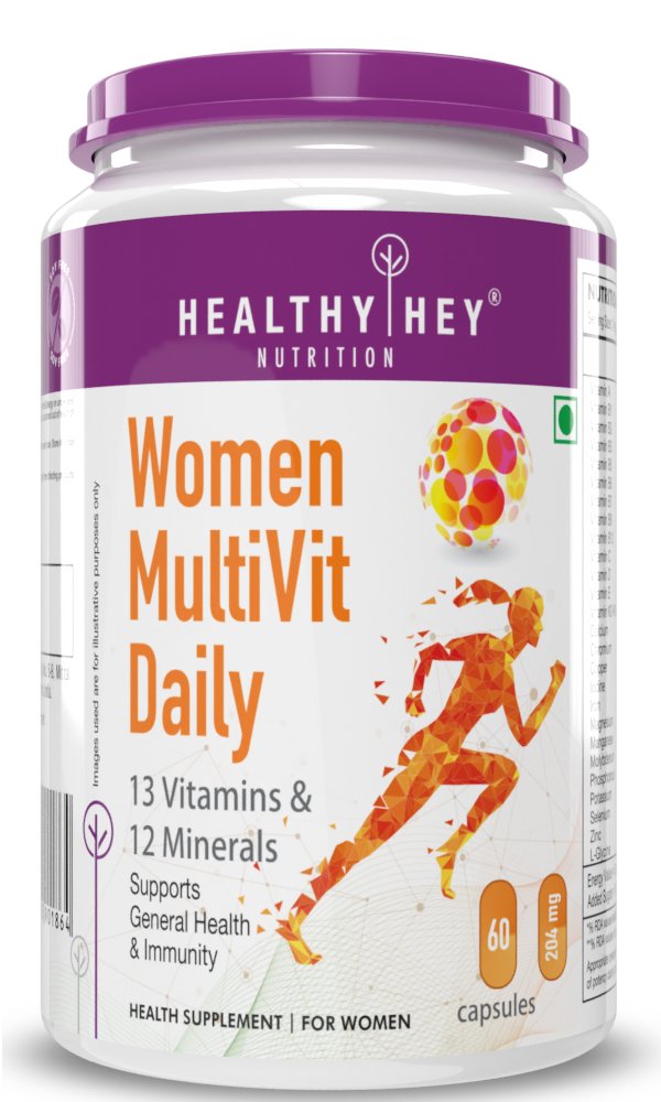 MultiVitamin for Women, Supports General Health & Immunity - Multi-Vit Daily - 13 Vitamins & 10 Minerals- 60 Veg Capsules - HealthyHey Nutrition