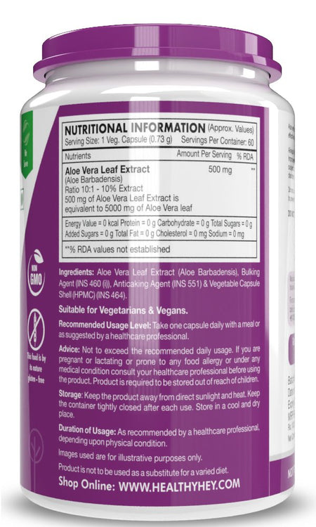 Natural Aloe Vera Extract Leaf Extract,Blood Glucose & Heart Health 10%- Ratio 10:1 -500 mg - 60 Veg Capsules - HealthyHey Nutrition