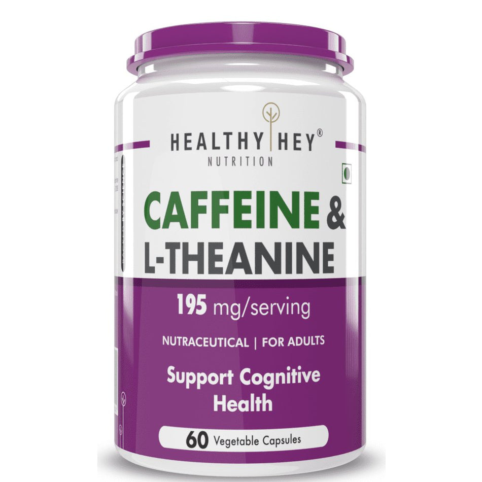 Natural Caffeine 95mg Plus L-Theanine,Support cognitive health 100mg - Support Energy and Focus 60 Veg Capsules - HealthyHey Nutrition