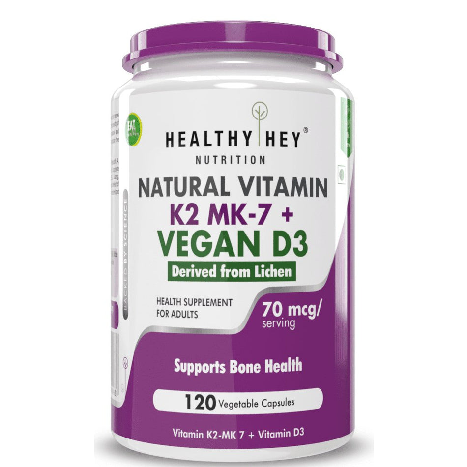 Natural Vitamin K2 + Natural D3 (Vegan), Supports Bone Health - Non-GMO | Non-Synthetic 120 Veg. Capsules - HealthyHey Nutrition
