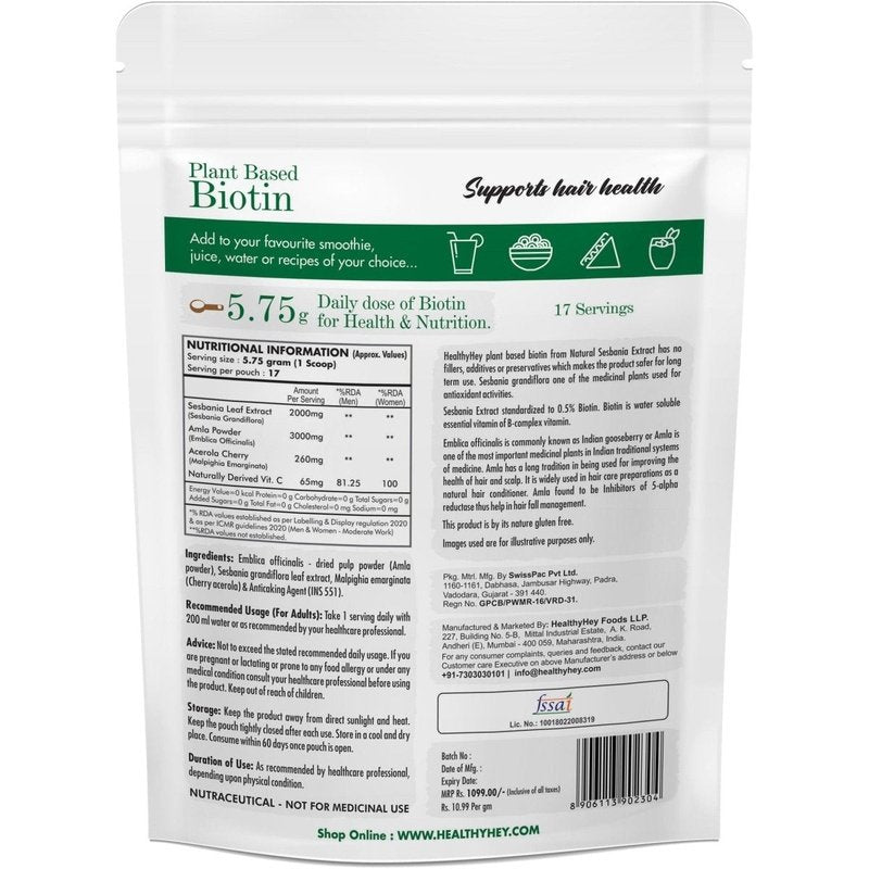 Organic Plant-based Biotin from Sesbania Extract - 100% Naturally Sourced - Hair Growth Formula - 100gram Powder - HealthyHey Nutrition
