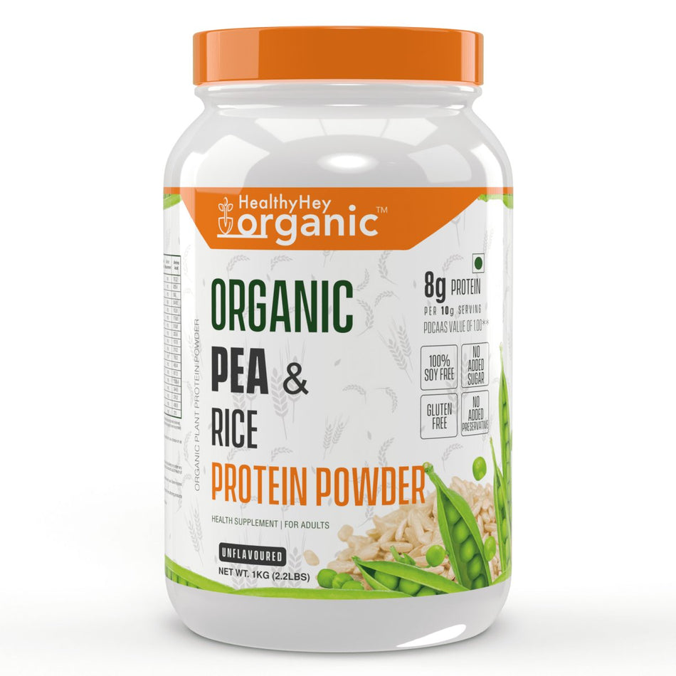 Organic Raw Pea & Brown Rice Protein Isolate - 100% Plant Protein Powder - (Unflavoured), 1 kg (Pack of 1) - HealthyHey Nutrition