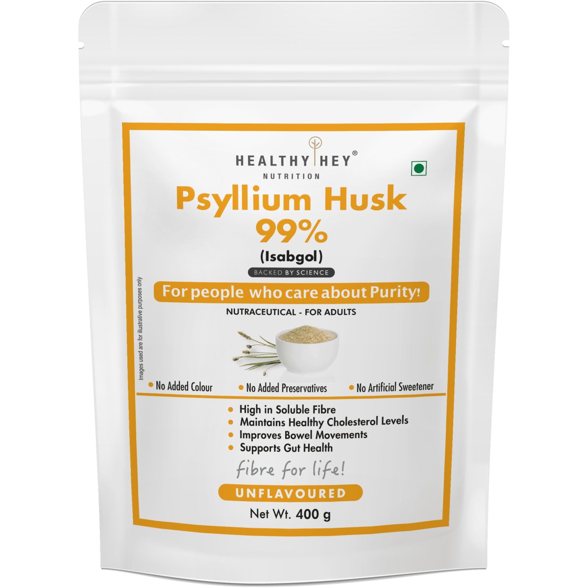 Psyllium Husk 99%, Metabolism Management - Fibre Support - 400 gram Powder - HealthyHey Nutrition