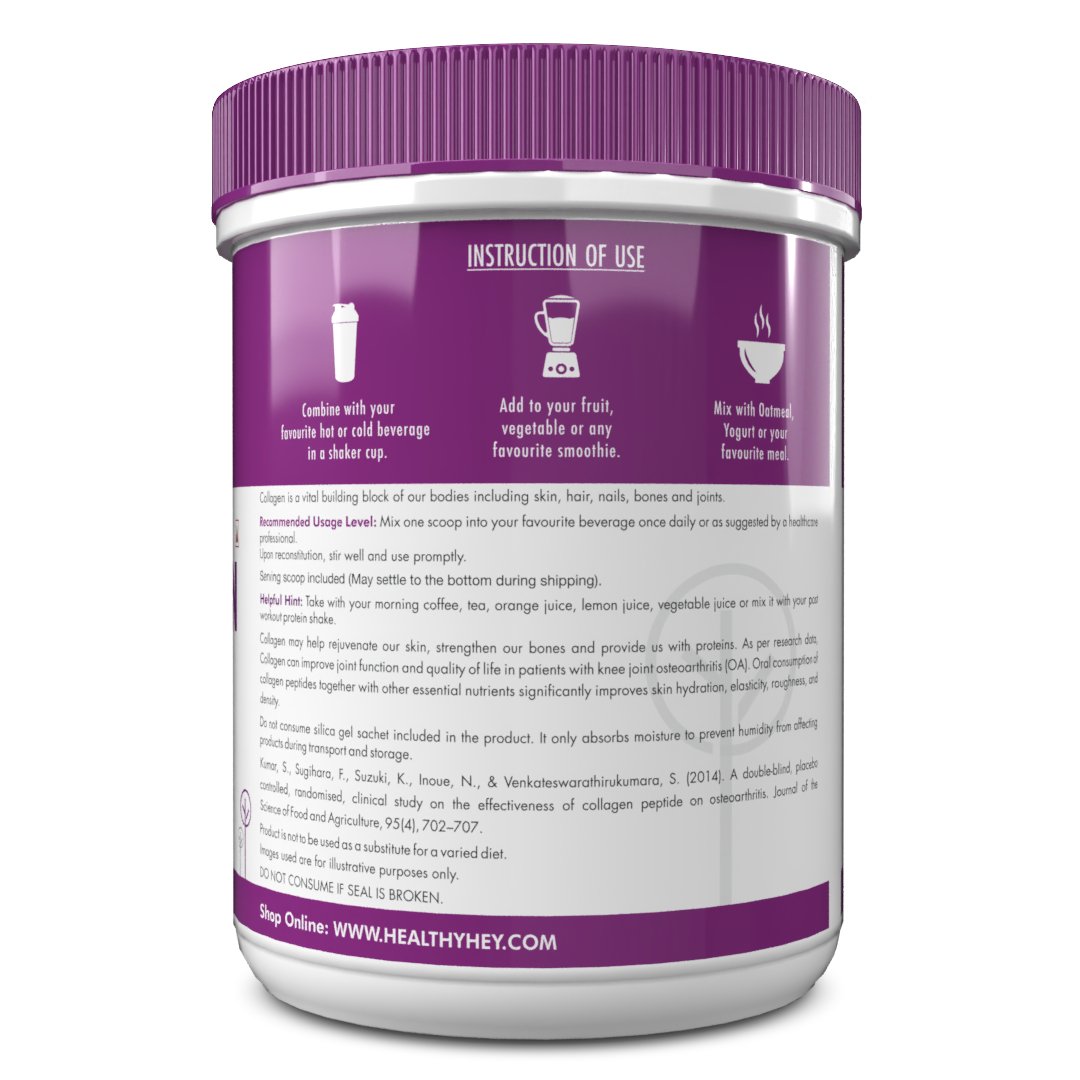 Pure Collagen Powder | Collagen Supplement for Glowing Skin | Pure Hydrolysed Collagen Powder for Women and Men | Unflavoured-250 gm - HealthyHey Nutrition
