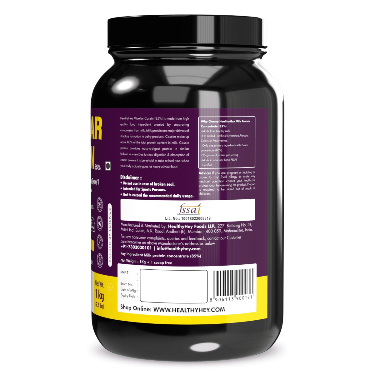 Pure Micellar Casein Protein Powder- Unflavoured (1kg) (Unflavoured) - HealthyHey Nutrition