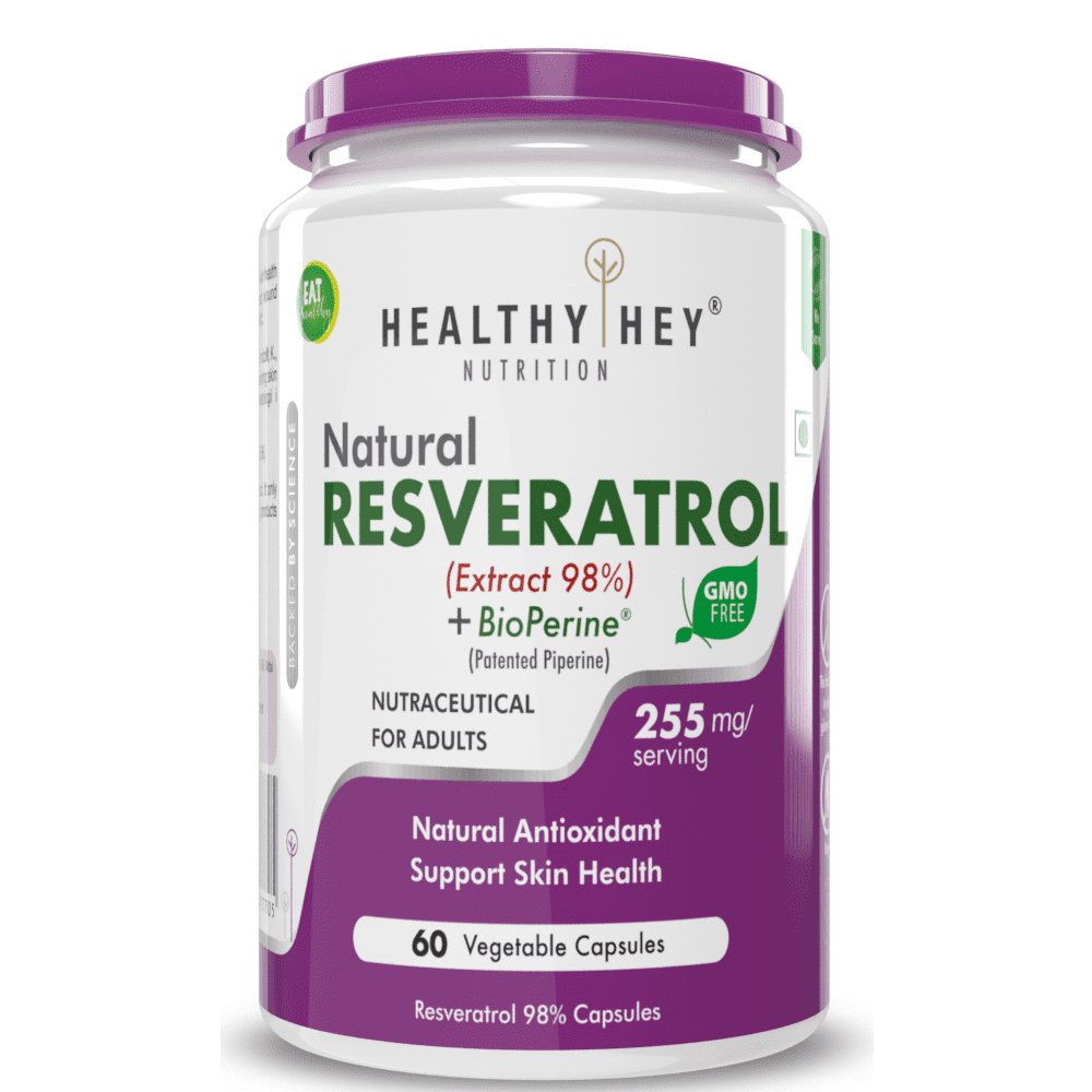 Resveratrol Extract, Natural Antioxidant support skin Health 98% Plus BioPerine for Absorption - 60 Veg Capsules (Pack of 1) - HealthyHey Nutrition