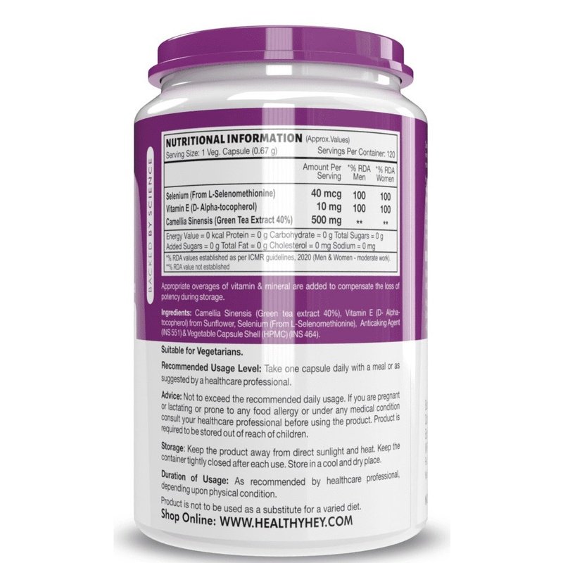 Selenium & Natural Vitamin E + Green Tea, Supports Immune Health - 120 Veg Capsules - HealthyHey Nutrition