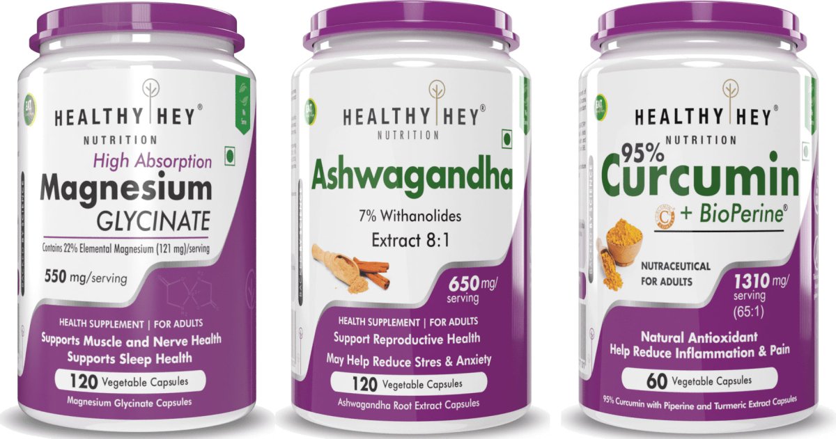Sound Sleep Combo - Ashwagnadha, Curcumin & Magnesium - HealthyHey Nutrition