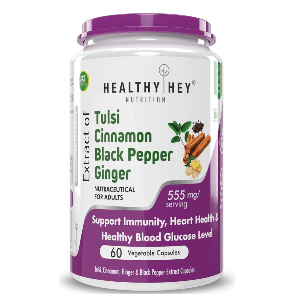 Tulsi Cinnamon, Support Immunity,Heart Health blood Glucose Level Black Pepper & Ginger Extract Formula for Immunity - 60 Veg Capsules - HealthyHey Nutrition