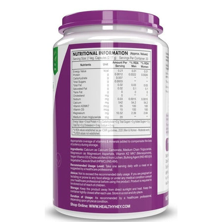 Vegan Calcium with Magnesium, Bone Health Complex Vitamin D3 & Vitamin K2- Mk7 - BoneMax - 60 veg capsules - HealthyHey Nutrition