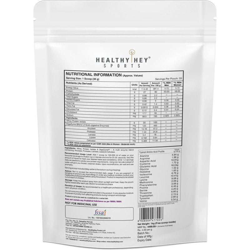 Whey Protein Isolate - ISOReal (Sourced from Europe) with Digestive Enzymes - Pouch - HealthyHey Nutrition