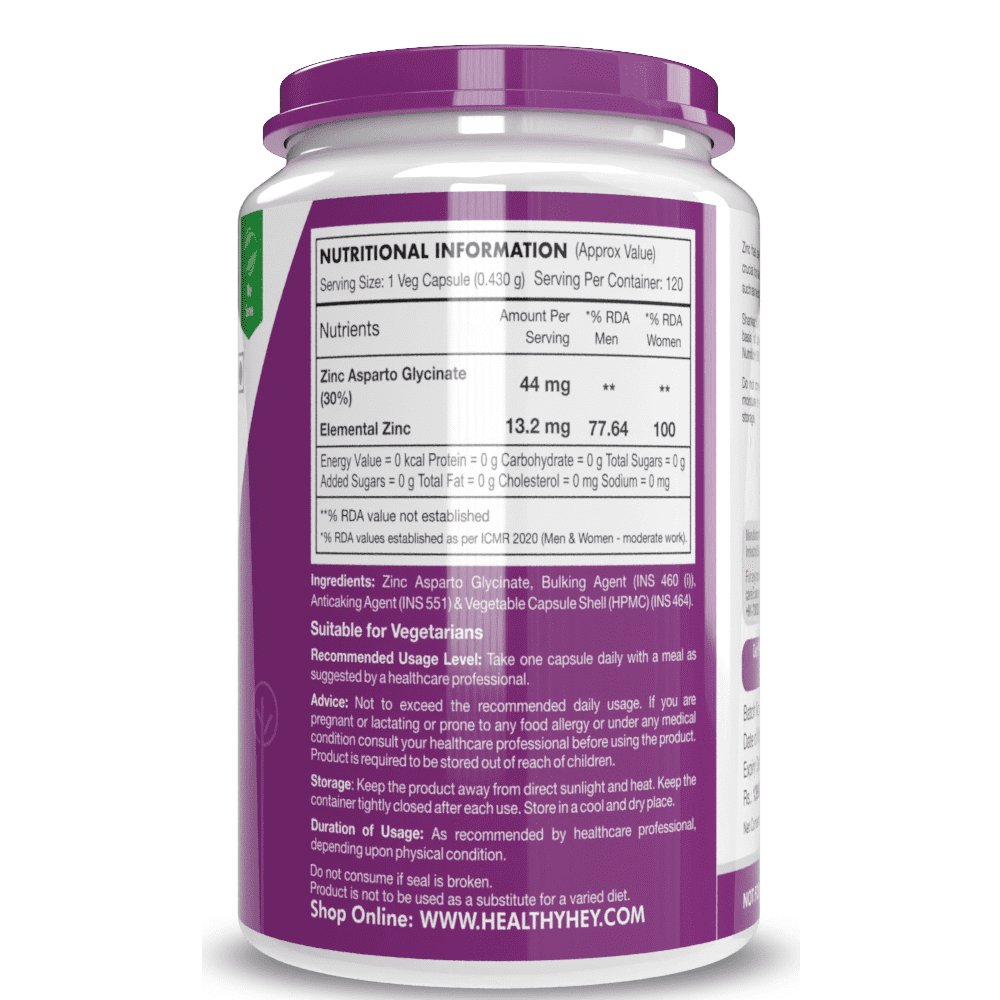 Zinc Asparto Glycinate Capsules - Enhanced Absorption - Supports Immune System & Neurological Function - 120 CT - HealthyHey Nutrition